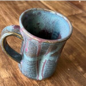 Pottery Mug with Dimple Sides Blue and Red Drip Glaze